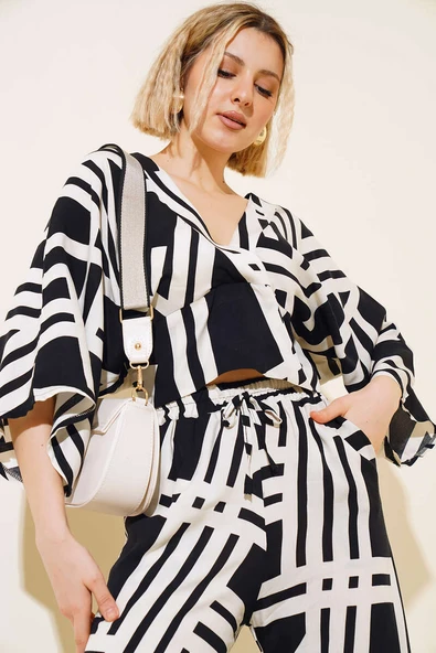 Çizgi Desenli İkili Takım Siyah - Resim 2