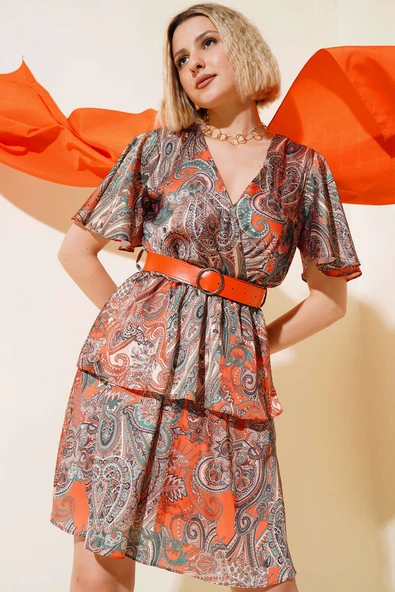 Etnik Desen Saten Elbise Yeşil Oranj ürün görseli 1