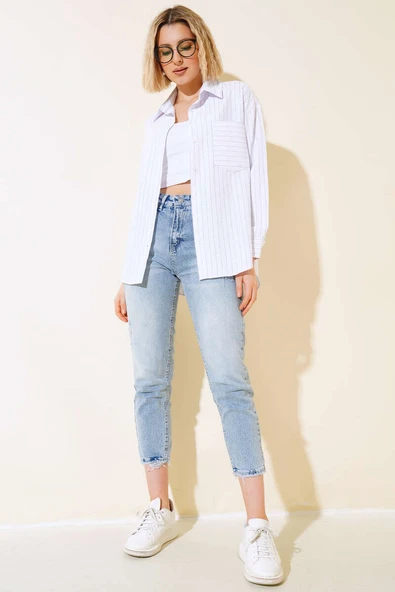 Tek Cepli Çizgili Gömlek Ekru - 2