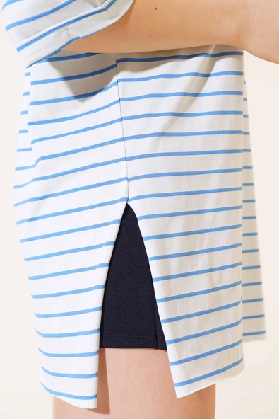 Çizgili Kısa Kol T-shirt İndigo - Resim 4