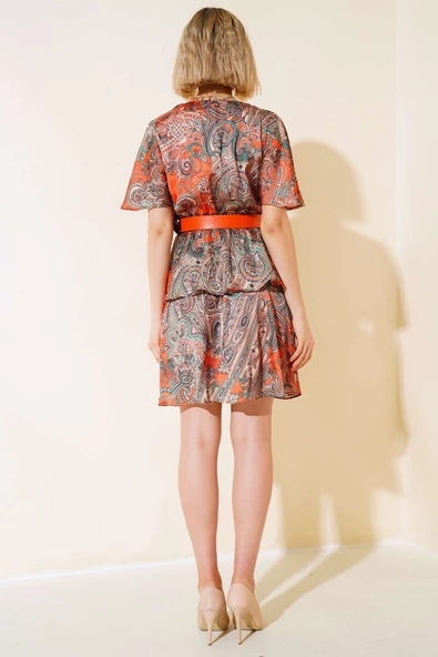 Etnik Desen Saten Elbise Yeşil Oranj - Resim 3