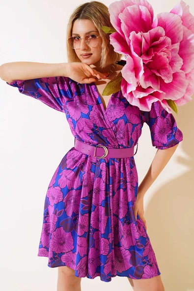 Kemerli Saten Elbise Menekşe ürün görseli 1