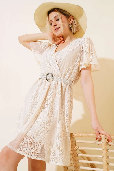 Dantelli Kısa Kol Elbise Bej - Resim 2