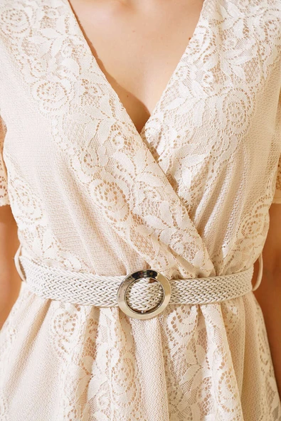 Dantelli Kısa Kol Elbise Bej - Resim 4