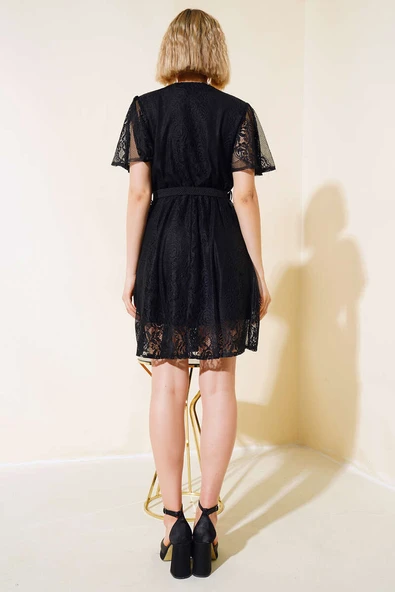 Dantelli Kısa Kol Elbise Siyah - Resim 3