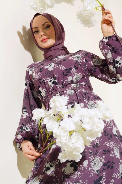 Gül Desenli Şifon Elbise Magenta