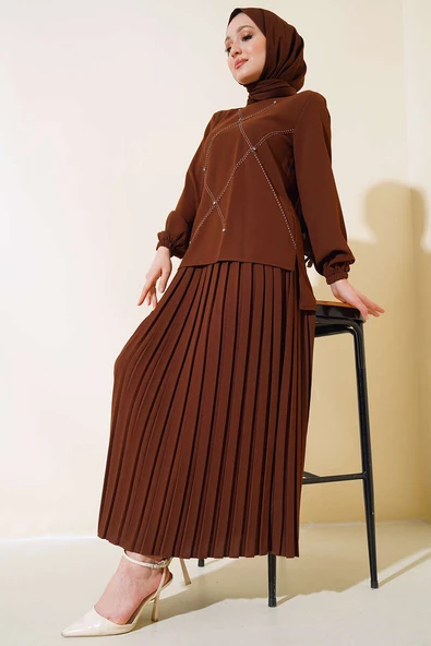 Önü Taşlı Süslemeli Krep İkili Takım Kahve ürün görseli 1