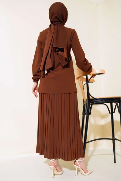 Önü Taşlı Süslemeli Krep İkili Takım Kahve - Resim 3