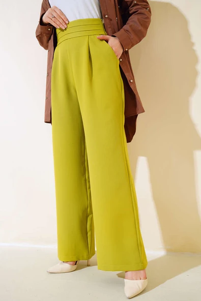 Beli Üç Katlı Bol Paça Pantolon Yağ Yeşili - Resim 2