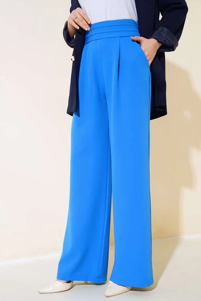 Beli Üç Katlı Bol Paça Pantolon Mavi - Resim 2