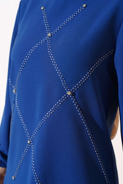 Önü Taşlı Süslemeli Krep İkili Takım İndigo - Resim 4