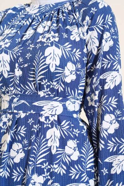 Çiçek Desenli Kuşaklı Kat Elbise İndigo - Resim 4