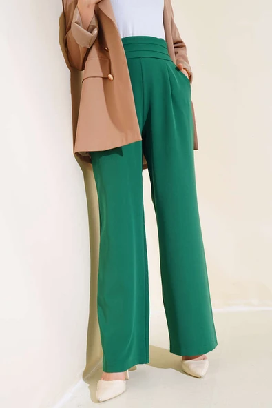 Beli Üç Katlı Bol Paça Pantolon Yeşil - 2