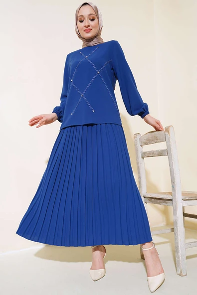 Önü Taşlı Süslemeli Krep İkili Takım İndigo ürün görseli 1