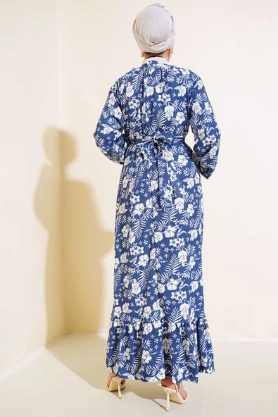 Çiçek Desenli Kuşaklı Kat Elbise İndigo - Resim 3