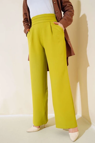 Beli Üç Katlı Bol Paça Pantolon Yağ Yeşili ürün görseli 1