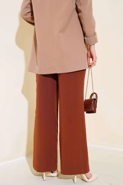 Beli Üç Katlı Bol Paça Pantolon Kahve - Resim 3