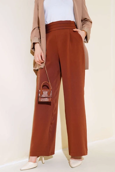 Beli Üç Katlı Bol Paça Pantolon Kahve - Resim 2