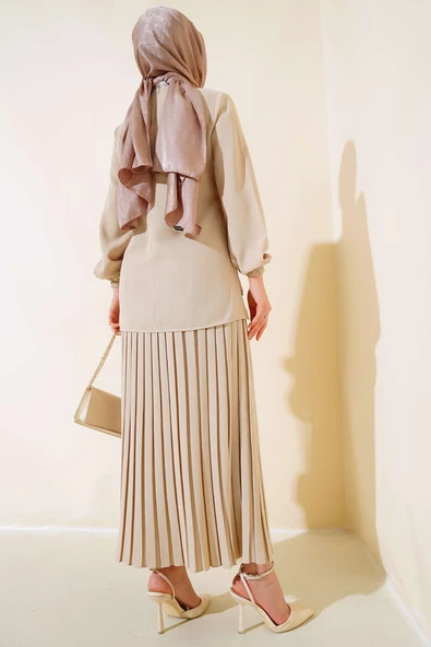 Önü Taşlı Süslemeli Krep İkili Takım Bej - Resim 3