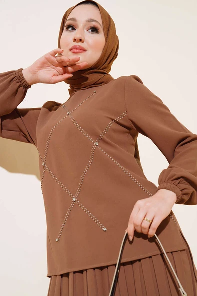 Önü Taşlı Süslemeli Krep İkili Takım Taba - Resim 2