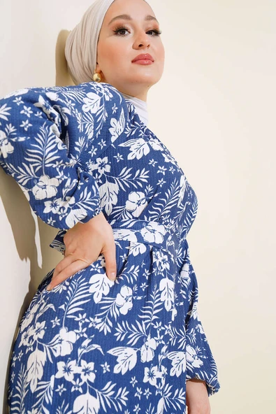 Çiçek Desenli Kuşaklı Kat Elbise İndigo - Resim 2