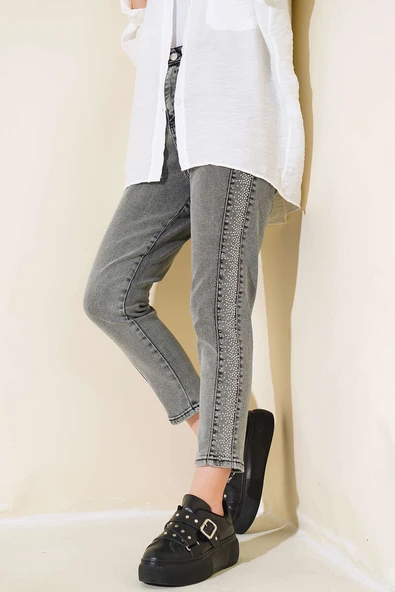 Taş Şeritli Dar Paça Pantolon Gri ürün görseli 1