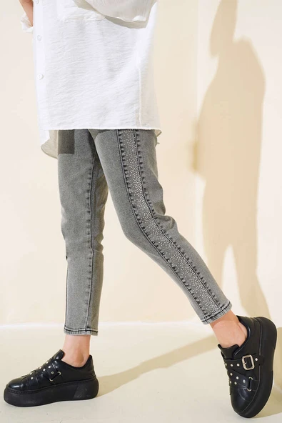 Taş Şeritli Dar Paça Pantolon Gri - Resim 2