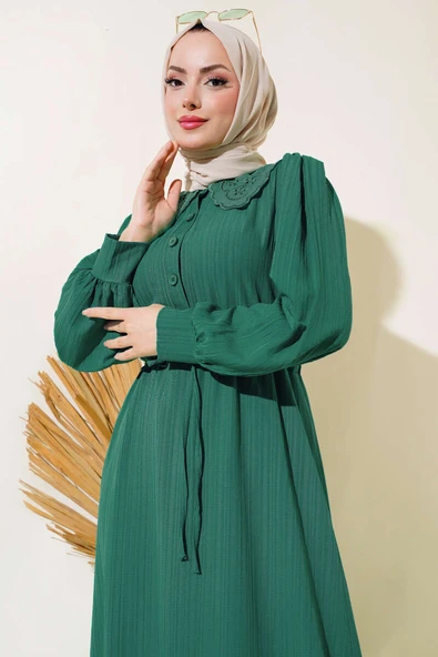 Yaka Dantelli Bel Tünelli Elbise Yeşil - 2