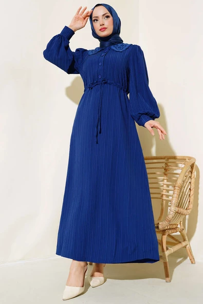 Yaka Dantelli Bel Tünelli Elbise Lacivert - Resim 2