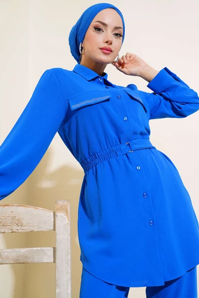 Cep Kapağı Taşlı İkili Takım Saks - Resim 2