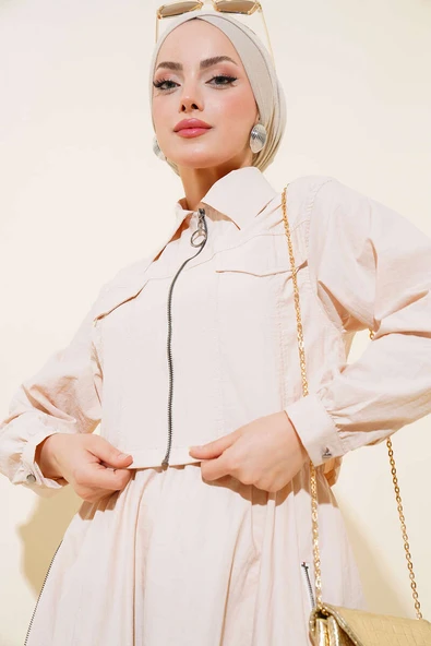 Önü Fermuarlı Etekli İkili Takım Bej - 2