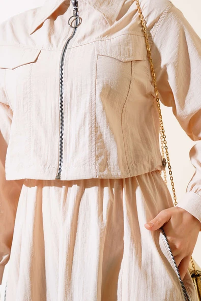 Önü Fermuarlı Etekli İkili Takım Bej - 4