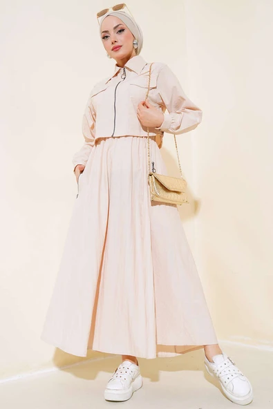 Önü Fermuarlı Etekli İkili Takım Bej