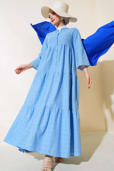 Papatya İşlemeli Elbise Mavi - Resim 2