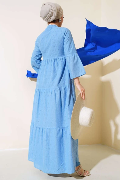 Papatya İşlemeli Elbise Mavi - Resim 3