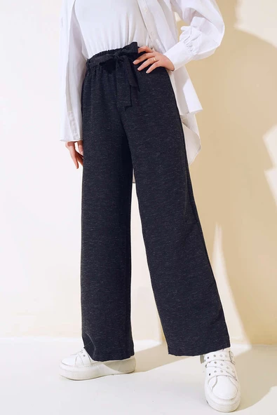 Kuşaklı Bol Paça Pantolon Siyah - Resim 2