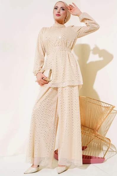 Parlak Puantiyeli İkili Takım Krem - Resim 2