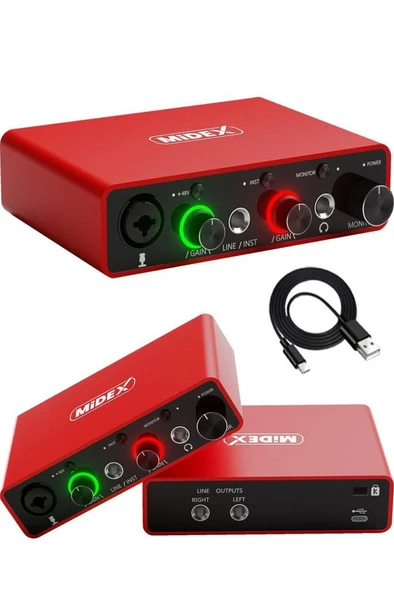 Midex GLX-700RD Üst Segment Usb Stüdyo Ses Kartı 2 Giriş 2 Çıkış 24bit/192kHz ürün görseli 1