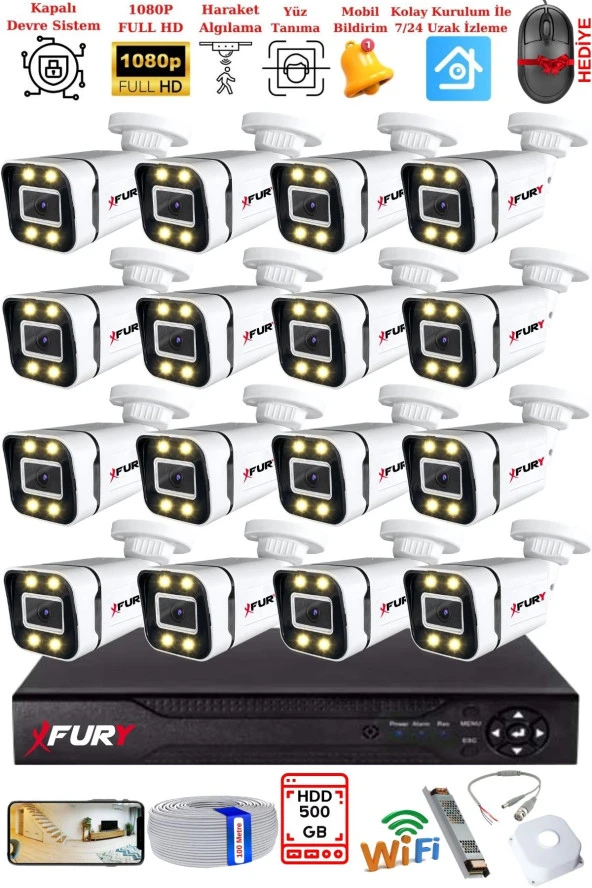 FURY 16 Kameralı 1080P Görüntü Gece Renkli Full Hd 4 x Ultra Led Gece Renkli Güvenlik Kamerası Seti 500GB