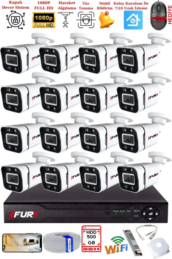 FURY 16 Kameralı 1080P Görüntü Gece Renkli Full Hd 4 x Ultra Led Gece Renkli Güvenlik Kamerası Seti 500GB - 2