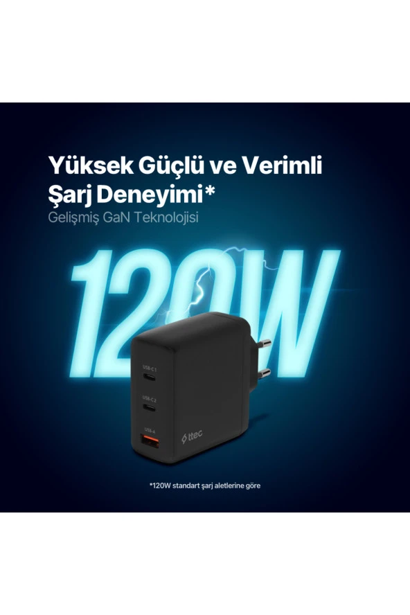 Ttec 2SCG04S SmartCharger Trio GAN 120W PD Seyahat 2 USB-C+USB-A Hızlı Şarj Aletİ - 2