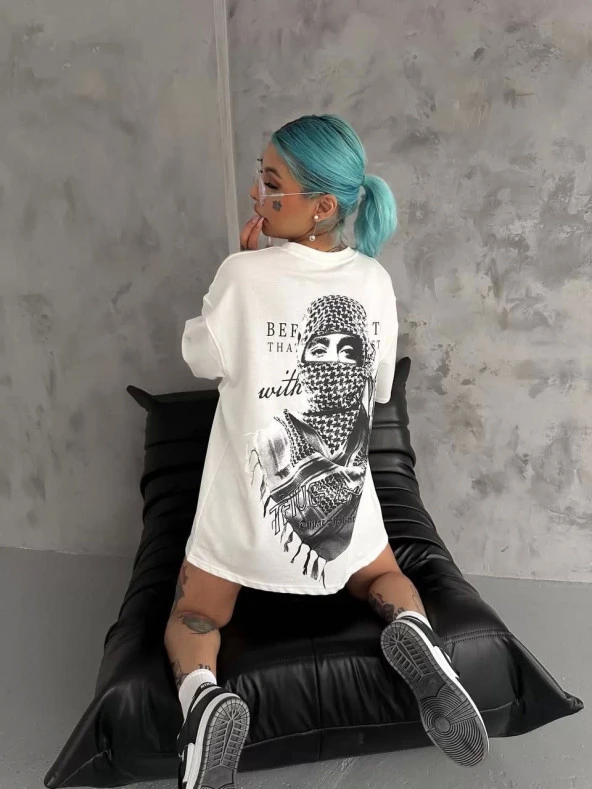 Unisex Baskılı Oversize T-Shirt - Beyaz