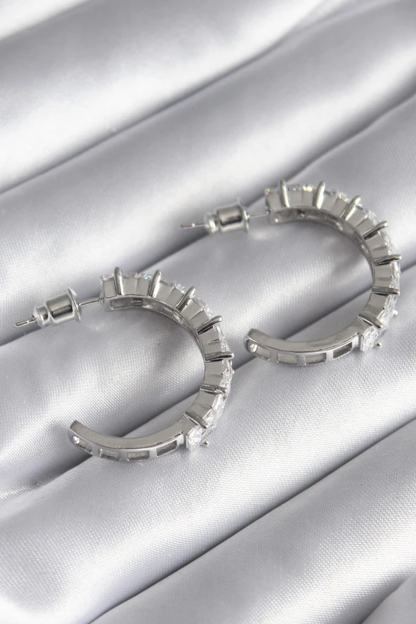 Pirinç Gümüş Renk Zirkon Taşlı Halka Model Kadın Küpe - EBJ240325W23288 - Resim 2