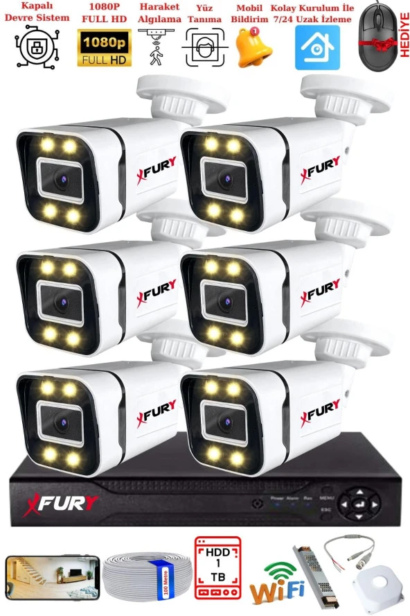 FURY 6 Kameralı 1080P Görüntü Gece Renkli Full Hd 4 x Ultra Led Gece Renkli Güvenlik Kamerası Seti 1TB