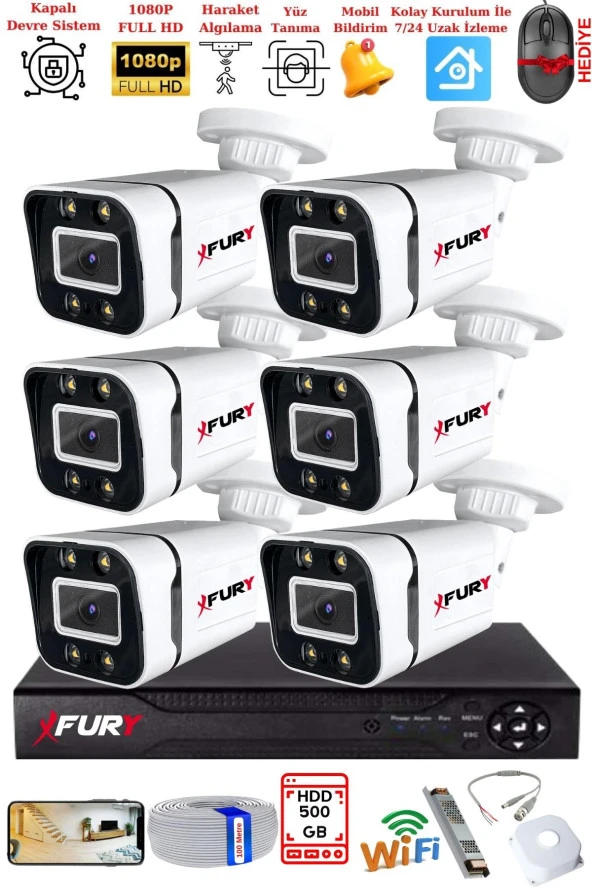 FURY 6 Kameralı 1080P Görüntü Gece Renkli Full Hd 4 x Ultra Led Gece Renkli Güvenlik Kamerası Seti 500GB - 2