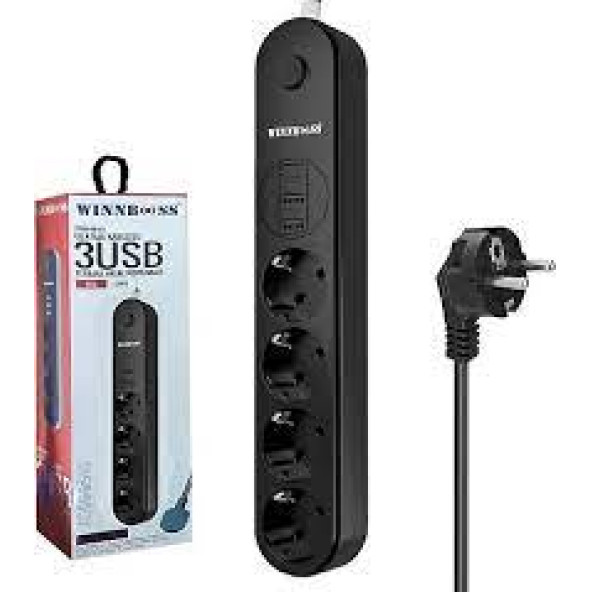 WINNBOSS WN-3402 4Lü Akım Korumalı Priz 2 Metre Anahtarlı 10A 2500 Watt 2XUSB 1XType-c