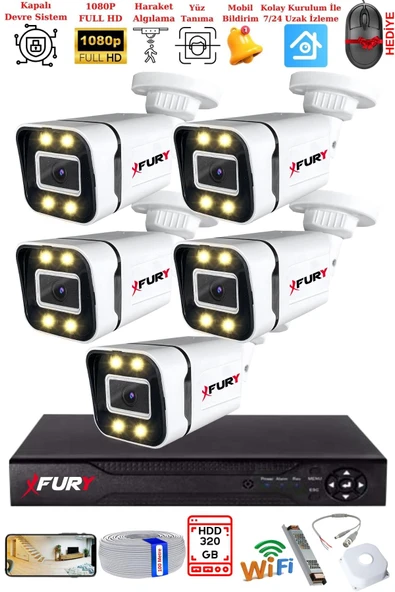FURY 5 Kameralı 1080P Görüntü Gece Renkli Full Hd 4 x Ultra Led Gece Renkli Güvenlik Kamerası Seti 320GB ürün görseli