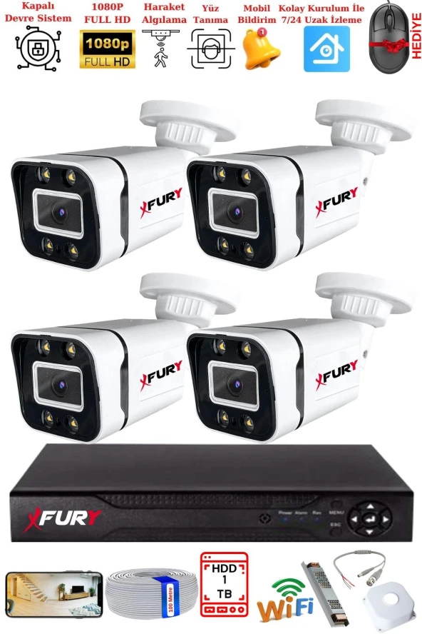 FURY 4 Kameralı 1080P Görüntü Gece Renkli Full Hd 4 x Ultra Led Gece Renkli Güvenlik Kamerası Seti 1TB - 2