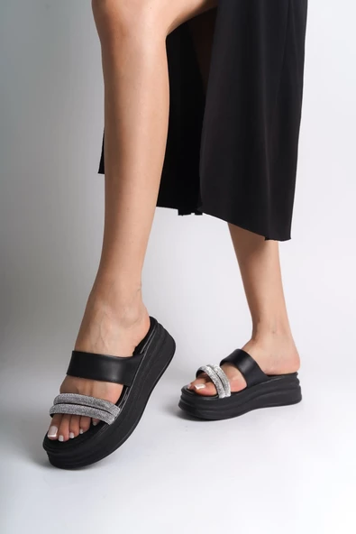 SARAH Düz Topuklu Taşlı Şeritli Kalın ve Ortopedik Taban Kadın Terlik ST Siyah - 2