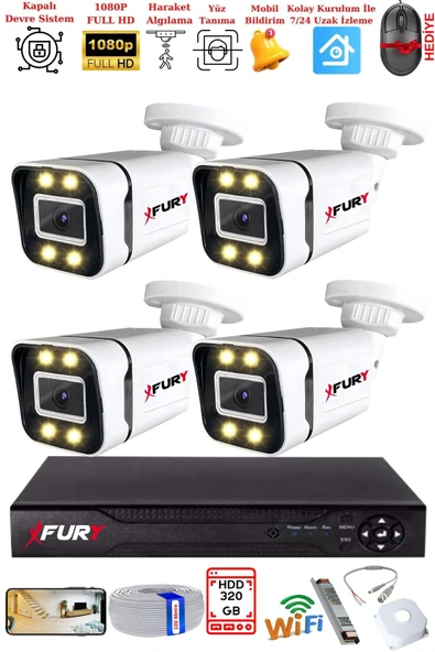 FURY 4 Kameralı 1080P Görüntü Gece Renkli Full Hd 4 x Ultra Led Gece Renkli Güvenlik Kamerası Seti 320GB ürün görseli